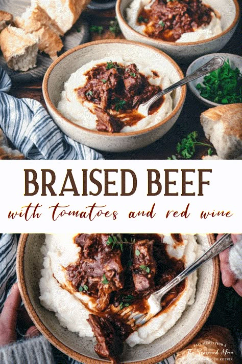 Chuck Roast Ragu, Chuck Roast Recipes Oven Dutch, Red Wine Braised Beef Tips, Dutch Oven Braised Beef, Dutch Oven Italian Recipes, Braised Beef Dutch Oven, Beef Roast With Tomatoes, Chuck Roast Recipes Dutch Oven, Beef Dutch Oven Recipes