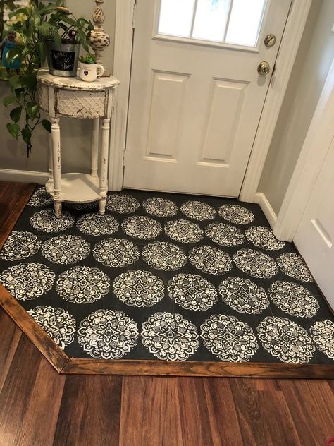 Hate your tiles? Paint them! I couldn’t stand looking at my front entry way (the tiles were a ugly brown), now I can’t stop staring! Used:: Chalk paint (charcoal, linen white) Stenciled (home depot) Top coated (matte clear coat, 3 times) One of my favorite house projects I have done! #stencils #chalkpaint #rustic #farmhouse #decor #hobbylobby stenciling tile floor, painting tile floor, faux cement tile floor, diy tile floor Tile By Back Door, Tile By Front Door Entry Ways, Entry Tile Floor Entryway Front Doors, Small Entrance Tile Floor, Front Door Flooring Entryway Tile, Small Entry Tile Floor Entryway, Tile Doorway Entry, Front Door Tile Entryway, Small Entryway Flooring Ideas