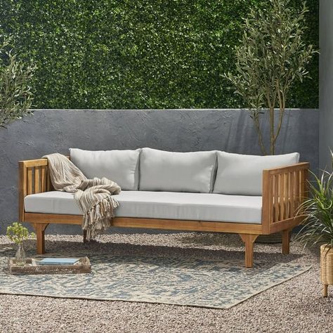 Claremont Outdoor 3-seat Acacia Wood Daybed by Christopher Knight Home - On Sale - Bed Bath & Beyond - 31672769 Daybed Outdoor, Teal Cushions, Patio Daybed, Wood Daybed, Outdoor Daybed, Green Cushions, Wicker Sofa, Beige Cushions, Christopher Knight