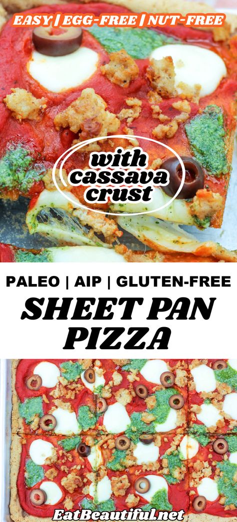 Paleo & AIP Sheet Pan Pizza is a fun and delicious dinner with an easy one-pan crust and lovely classic toppings — but without the dairy. This recipe is naturally gluten and grain-free. | Eat Beautiful | paleo pizza recipe | aip pizza recipe | cassava flour pizza crust recipe | cassava pizza crust | aip pizza crust | pizza dough | aip | paleo | gluten free | sheet pan | sheet pan | one pan | 1 pan | cassava || #aip #paleo #pizza #dough #crust #glutenfree #cassava #sheetpan #dinner #onepan #1pan Aip Pizza Dough, Aip Pizza Recipes, Aip Pizza Crust, Aip Sheet Pan, Gluten Free Nut Free Recipes, Paleo Pizza Dough, Aip Pizza, Paleo Pizza Recipes, Aip Bread