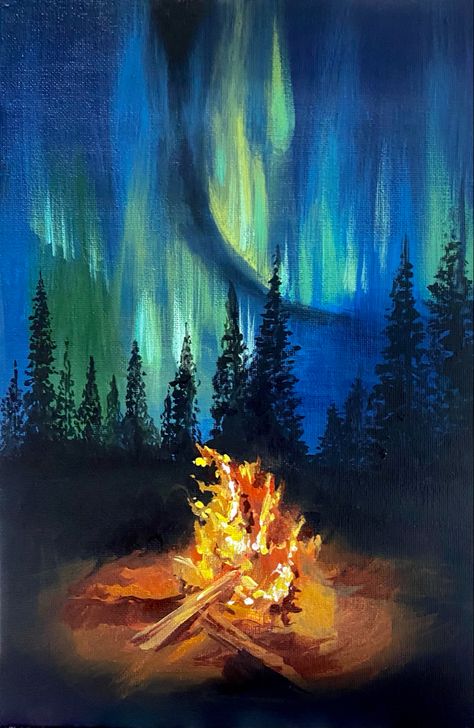 Thunderstorm Painting Acrylic, Canvas Scenery Painting Easy, Big Painting Ideas Easy, Fire Painting Acrylic, Aesthetic Painting Ideas Easy Acrylic, Fire Art Painting, Green Nature Painting, Northern Lights Painting Acrylic, Campfire Painting