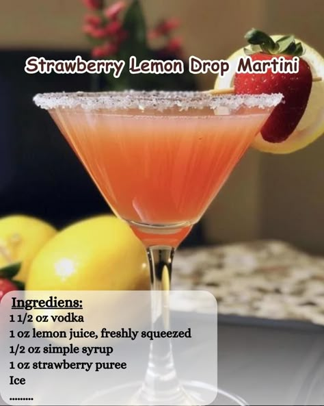 Strawberry Lemon Drop Martini, Strawberry Lemon Drop, Lemon Drop Recipe, Vodka Lemon, Bartender Drinks Recipes, Martini Ingredients, Glass Garnish, Easy Quick Recipes, Bartender Drinks