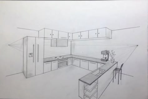 Kitchen Sketch, 2 Point Perspective Drawing, Bathroom Drawing, 2 Point Perspective, 1 Point Perspective, Interior Design Sketchbook, Perspective Drawings, Small Living Room Furniture, Kitchen Drawing