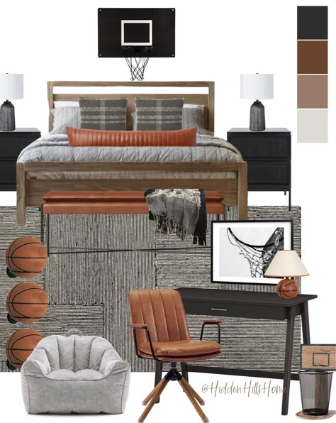 Boys Basketball Room, Basketball Bedroom Decor, Boys Basketball Bedroom, Tilly Upholstered Bed, Sports Themed Bedroom, Basketball Bedroom, Basketball Room, Boys Bedroom Makeover