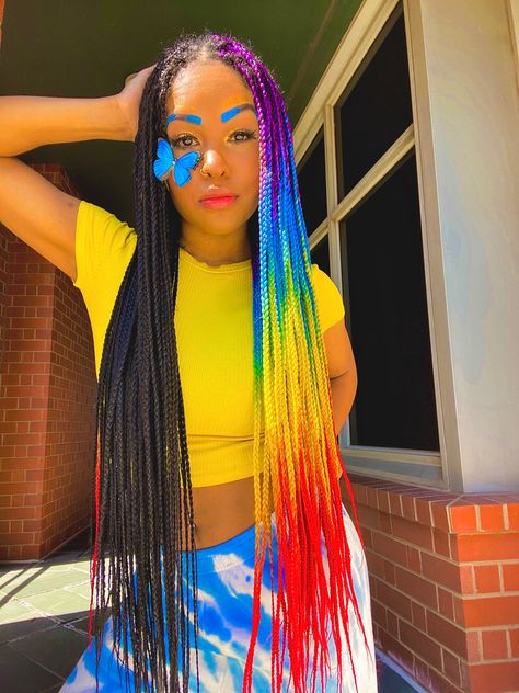 Braids, Colorful, Hair, black Hair, Box Braids Half Colored Box Braids, Half And Half Box Braids Color, Half And Half Hair Color Box Braids, Rainbow Knotless Braids, Pride Braids, Box Braids Two Colors, Rainbow Box Braids, Colorful Box Braids, Box Braids Color