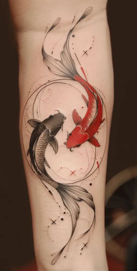 The image depicts a tattoo of two koi fish in a circle. Tato Fish, Back Of Arm Tattoo Men Sleeve, Koi Neck Tattoo, Pieces Koi Fish Tattoo, Koi Fish Circle Tattoo, Coral Fish Tattoo, Back Tattoo Koi Fish, Koi Carp Tattoo Design, Black And Red Koi Fish Tattoo