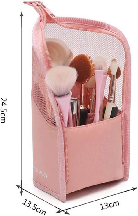 Makeup Brush Bag Multifunctional Makeup Cosmetic Bag Half Clear Travel Makeup Brush Holder Waterproof Standing Zipper Cosmetic Brush Pouch Polyester Makeup Brush Case Pencil Case Pencil Box Rosa Make-up, Travel Makeup Brushes, Makeup Brush Bag, Makeup Brush Organization, Makeup Brush Storage, Makeup Brush Holder, Pink Makeup, Cosmetic Organizer, Makeup Bags Travel