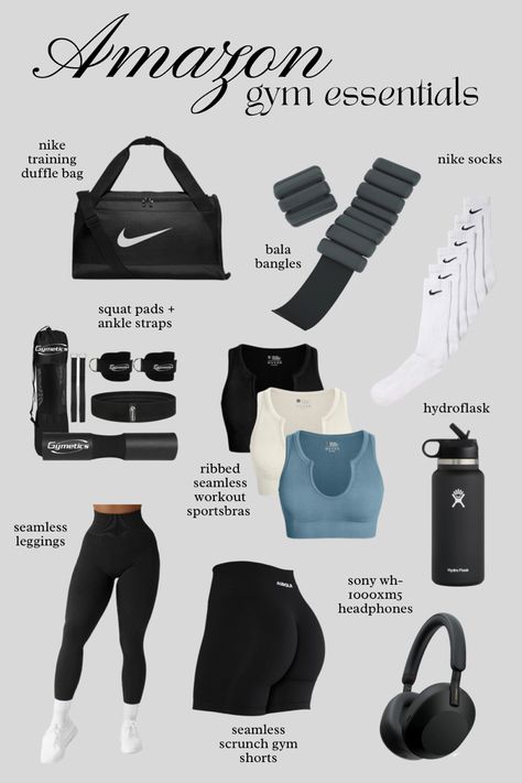 hydro flask, Sony headphones, Bala bangles Gym Neccesities, Work Out Gym Fits, Gym Essentials Woman Aesthetic, Gym Outfit Essentials, Amazon Running Essentials, Workout Things To Buy, Gym Girlies Outfit, Gym Christmas List, Amazon Must Haves Gym Girl