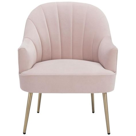 A vintage classic reimagined for today’s chic interiors, this Areli Accent Chair is the epitome of elegance. Areli’s Art Deco inspiration is beautifully displayed in channel-tufted light pink velvet that perfectly enhances its dramatically contoured silhouette, while tapered gold metal legs give a glimmering, glamorous touch. Care Instructions: Spot or Wipe Clean Pink Accent Chair, Pink Velvet Chair, Pink Vanity, Art Deco Inspiration, Natural Living Room, Hardwood Plywood, Upholstered Accent Chairs, Vanity Chair, Pink Chair