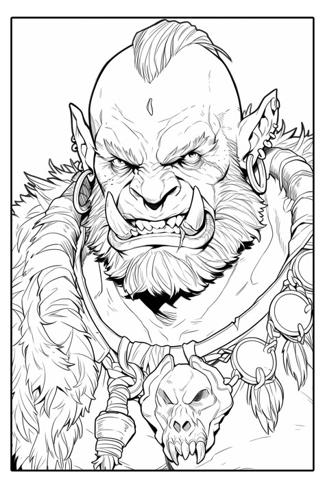 Orc Drawing Reference, Orc Tattoo, Orc Face Drawing, Lotr Orc Concept Art, World Of Warcraft Coloring Pages, World Of Warcraft Orc, Warcraft Orc, Art Coloring Pages, Norse Mythology Tattoo