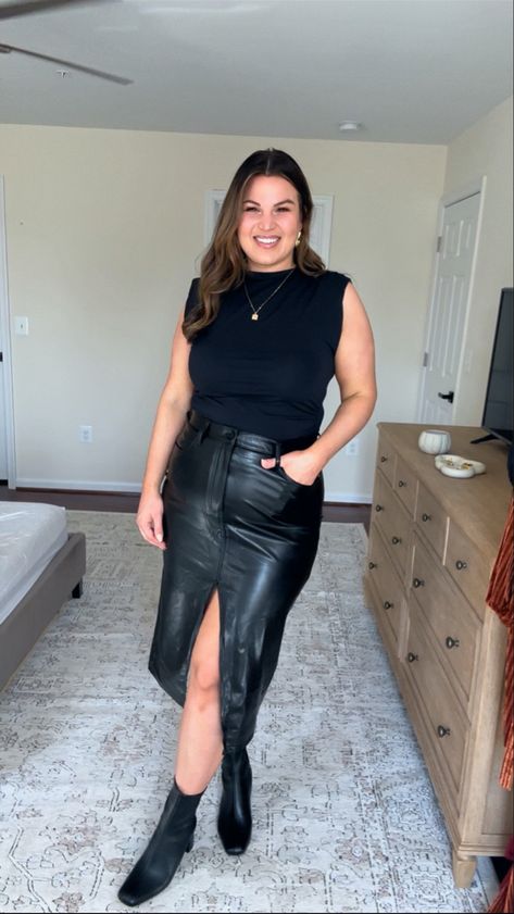 Midsize fall outfit idea from Abercrombie! This faux leather skirt is perfect for fall! Save 20% with code: AFLTK Top- size L Skirt- size 32 I am 5’10” and a size 12/14#LTKSale #liketkit #LTKmidsize #LTKSeasonal #fallfashion #falloutfit #fauxleatherskirt Midsize Leather Skirt Outfit, Skirt Leather Outfit, Long Leather Skirt Outfit, Midsize Fall Outfits, Long Leather Skirt, Leather Skirt Outfit, Leather Midi Skirt, Cute Dress Outfits, Faux Leather Skirt