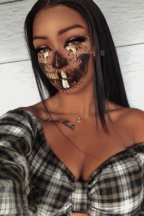 @acaciamuhs gold metallic skull makeup for Halloween Skull Makeup, Halloween Makeup, Face Paint, Carnival Face Paint, Halloween Face, Gold Metal, Face Makeup, Carnival, Halloween Face Makeup