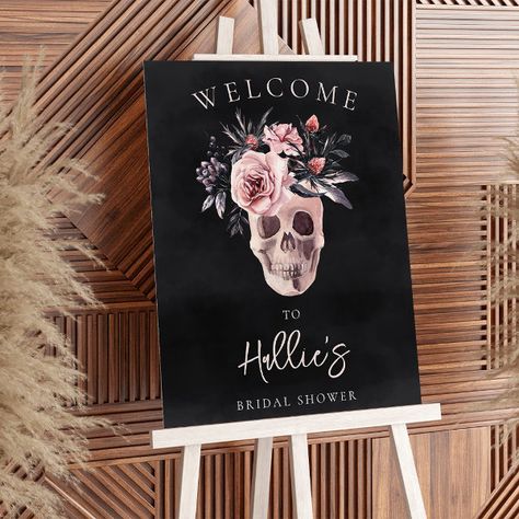 Floral Skull Halloween Bridal Shower Welcome Sign Welcome Sign Halloween, Scary Halloween Invitations, Elegant Halloween Party, Halloween Party Design, Halloween Bridal Showers, Gothic Wedding Theme, Spooky Chic, Party Welcome Sign, Halloween Party Gifts