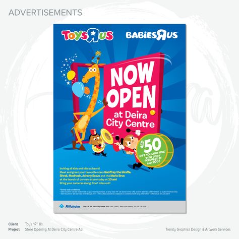 Client: Toys “R” Us, Project: Store Opening At Deira City Centre Ad  #TrednyGraphics #tregra #GraphicDesign #Design #Artwork #adverts #advertisments School Reference, Store Flyers, Discount Ad, Store Ads, Food Ads, Design Artwork, Store Opening, City Centre, Toys R Us