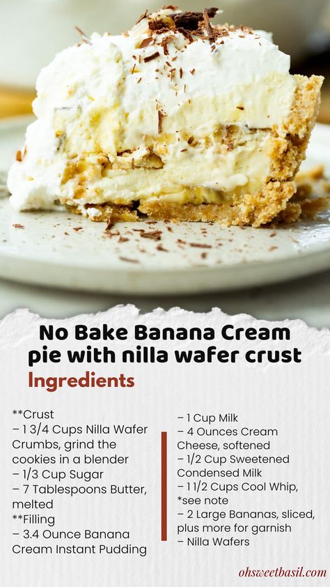 Oh my goodness, this no bake banana cream pie with nilla wafer crust was so easy to make and so creamy! Banana Cream Pie With Nilla Wafers, Nilla Wafer Banana Cream Pie, Banana Cream Pie Nilla Wafers, Banana Cream Pie With Nilla Wafer Crust, Banana Cream Pie Recipe No Bake, Banana Cream Pie With Vanilla Wafers, Nilla Wafer Pie Crust, Banana Cream Pie Recipe Nilla Wafers, Vanilla Wafer Pie Crust Recipe