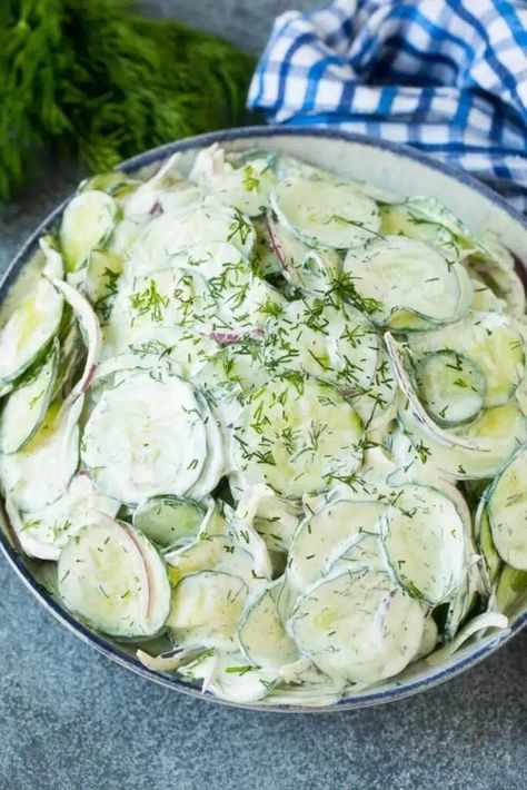 Old-Fashioned Cucumber Salad With Mayonnaise - Half-Scratched Shrimp Guacamole, Guacamole Bites, German Cucumber Salad, Salad Kale, Creamy Cucumber Salad, Resep Salad, Cucumbers And Onions, Creamy Cucumbers, Salad Pasta