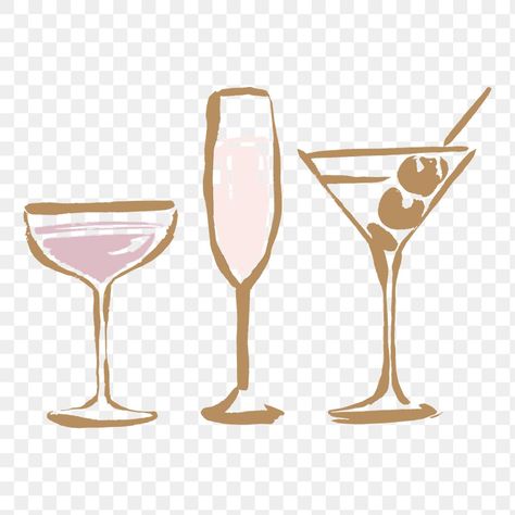 Pastel Cocktails, Aesthetic Cocktail Glasses, Cocktail Glass Illustration, Drink Illustration Cocktails, Cosmopolitan Cocktail Illustration, Champagne Martini, Glass Drawing, Cocktails Clipart, Aesthetic Illustration