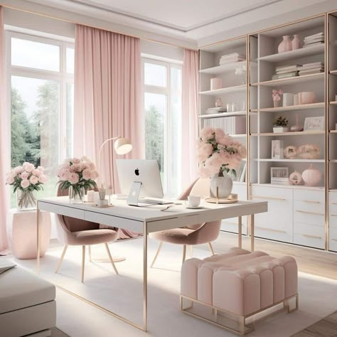 Pink Home Office, Feminine Home Offices, Cozy Home Office, White Desk, Office Room Decor, Study Room Decor, Home Office Setup, Home Office Space, Dream House Interior