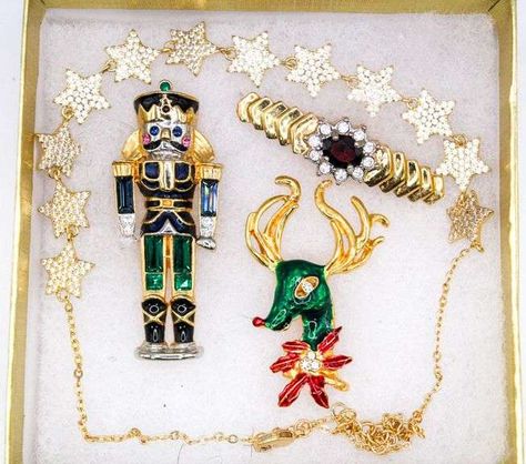 Holiday Jewelry, there's a wonderful glittering star Necklace, a nutcracker, Rudolph, and a Bar Pin in a gift box. Thanksgiving Break, Holiday Jewelry, Estate Sales, A Bar, Star Necklace, Nutcracker, Make Your Own, Gift Box, Auction