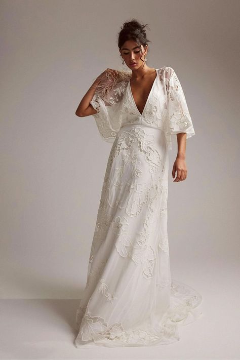 Amelia Cutwork Embroidered Wedding Dress with Kimono Sleeve | ASOS DESIGN Asos Wedding Dress, Blush Pink Maxi Dress, Asos Wedding, Dress With Kimono, Wedding Dress Brands, Bridal Kimono, Embroidered Wedding Dress, Kimono Maxi Dress, Aztec Dress