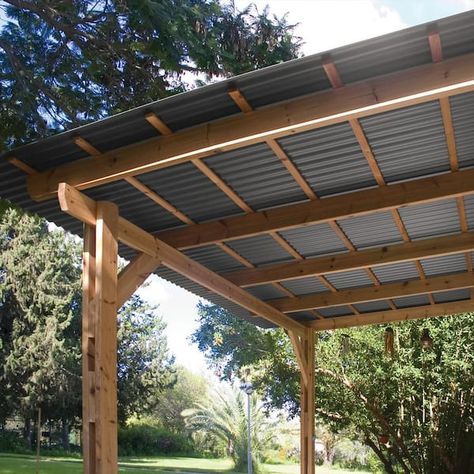 Metal Overhang Porch, Deck Metal Roof, Metal Roof Over Deck Ideas, Corrugated Roof Pergola, Gable Patio Roof, Deck Roofing Ideas Covered Pergola, Metal Roof On Pergola, Metal Roof Pergola, Overhang Roof Ideas