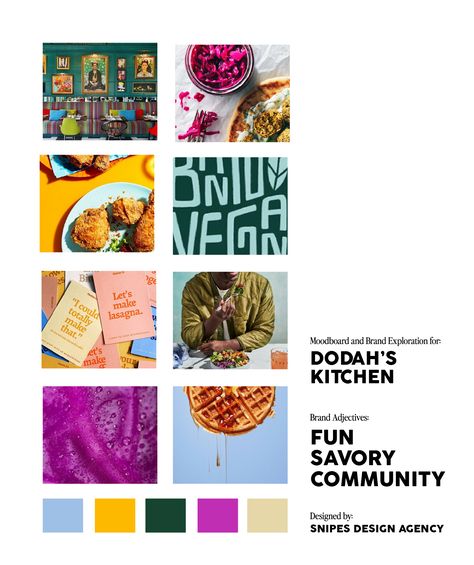 Moodboard design for vegan restaurant Dodah's Kitchen. #moodboard #veganrestaurant #veganbranddesign Restaurant Moodboard Branding, Vegan Restaurant Design, Restaurant Moodboard, Kitchen Moodboard, Moodboard Design, Branding Inspo, Business Colors, Vegan Brands, Vegan Restaurants