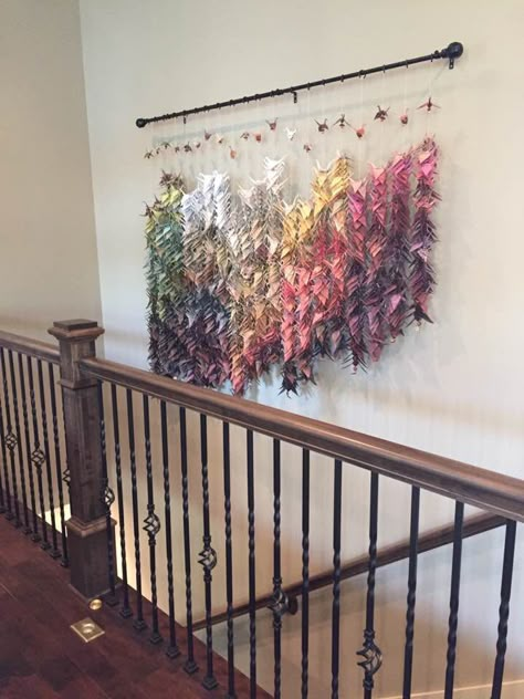 Folded 1001 paper cranes for this wall art! Paper Crane Display Ideas, 1000 Origami Cranes Display, Paper Crane Wall Art, Origami Crane Wall Art, 1000 Paper Cranes Display, 1000 Cranes Display, Origami Crane Art, Paper Crane Decor, Origami Crane Decoration