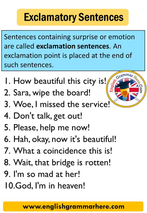 English Exclamatory Sentence 10 Examples, 10 Examples of Exclamatory Sentences; Exclamatory Sentences Sentences containing surprise or emotion are called exclamation Grammar Board, Opposite Words List, Exclamatory Sentences, Articles Worksheet, Ways To Say Congratulations, Cooking Conversions, Ways To Say Said, Some Sentences, Ways To Say Hello