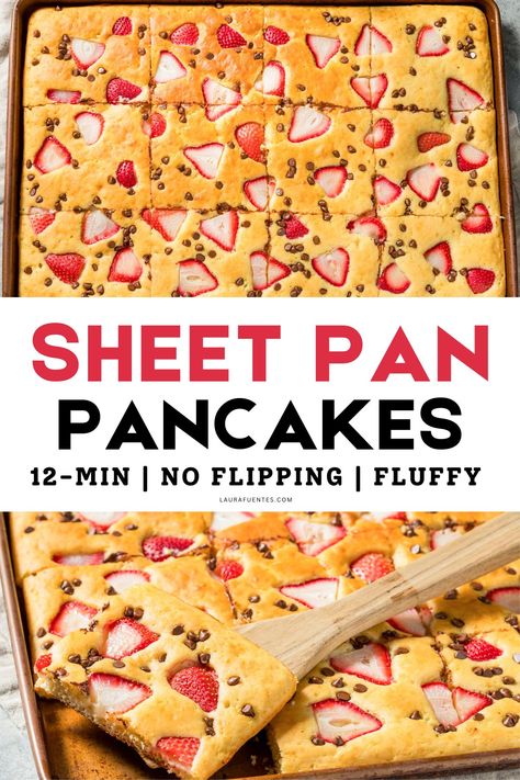 Want to cook fluffy pancakes for a crowd without standing next to the stove, flipping once and again? Make this easy sheet pan pancake recipe! Pancakes For A Crowd, Healthy Pancakes Easy, Sheet Pan Pancakes, Crispy Pancakes, Pan Pancakes, Yummy Pancake Recipe, Fruit Pancakes, Homemade Pancake Recipe, Strawberry Pancakes