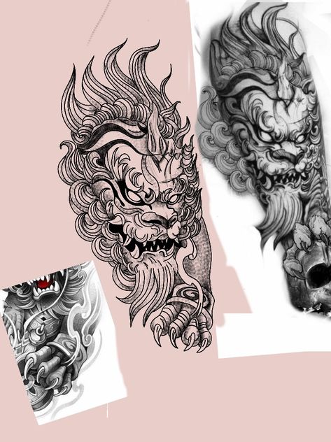 Foo Dog Forearm Tattoo, Foo Dog Tattoo Design Sleeve, Japanese Forearm Tattoo For Men, Irezumi Tattoo Design Japanese Style, Japanese Foo Dog Tattoo Design, Foo Dog Tattoo Design Ideas, Fudog Tattoo Design, Japanese Mythology Tattoo, Japanese Foo Dog Tattoo