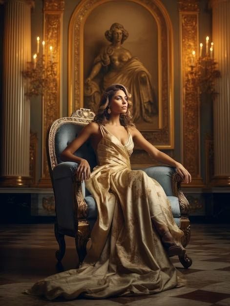 Queen Ai Generated Gold Sit Throne Vectors, Photos and PSD files | Free Download Royalty Chair Photoshoot, Woman On Throne Pose, Throne Sitting Pose, Sitting On Throne Pose Reference, Royalty Photoshoot Ideas, Queen Sitting On Throne, Regal Photoshoot, Woman On Throne, Throne Poses