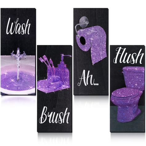 PRICES MAY VARY. Purple Bathroom decoration: the package content contains 4 pieces of fashion wall art bathroom decor in different styles, beautiful and elegant, sufficient quantity and various patterns can support your daily use and replacement needs, helping you enjoy leisure shower time or bath time Purple Glitter Bathroom Decor: these modern women funny bathroom decors are decorated with purple glitter decor, and printed with letters of [Flush], [Ah], [Brush], [Wash], funny and noticeable; T Purple And Black Bathroom Decor, Purple And Silver Bathroom Ideas, Purple And Gold Bathroom Decor, Lavender Bathroom Ideas Decor, White Glam Bathroom, Purple Bathroom Decor Ideas, Disco Bathroom Decor, Purple Bathroom Ideas Decor, Gray And Purple Bathroom