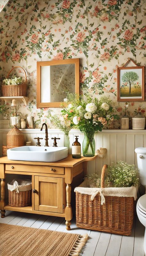 Southern Antique Decor, Flower Bathroom Ideas, Vintage Farmhouse Bathroom Decor, Vintage Cottage Bathroom, Cozy Cottage Bathroom, Vintage Bathroom Aesthetic, Floral Bathroom Ideas, Flower Sink, Cottage Core Bathroom