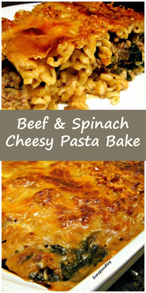 Ground Beef & Spinach Pasta Bake Easy to make and very tasty! #beef #spinach #pasta #bake #dinner Beef Spinach Pasta, Mince Meals, Ground Beef Spinach, Ground Beef And Spinach, Spinach Pasta Bake, Cheesy Pasta Bake, Pasta Bake Easy, Pasta Bake Recipe, Spinach Casserole