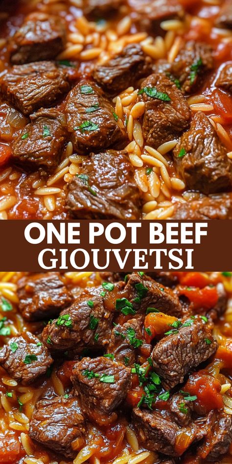 Beef Giouvetsi is a comforting Greek dish featuring tender beef, orzo pasta, and a spiced tomato-based sauce. This one-pot meal is slow-cooked to perfection and topped with grated cheese for a hearty and satisfying dinner. Orzo Recipes Beef, Easy Beef Dishes, Easy Beef Dishes For Dinner, Greek Steak Recipes, Dinner Ideas Beef Main Dishes, Easy One Pot Meals Beef, Orzo With Beef, Beef And Tomato Recipes, Italian Beef Dishes