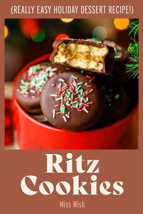 These ritz cracker cookies are stuffed with peanut butter and then dipped in chocolate. An easy, addictive christmas cookie recipe anyone can make. Chocolate Dipped Ritz Crackers, Ritz Cracker Cookies Peanut Butter, Ritz Cracker Cookies, Holiday Dessert Recipes Easy, Cookie Holiday, Peanut Butter Crackers, Crumble Cookie Recipe, Cracker Dip, Crumble Cookie