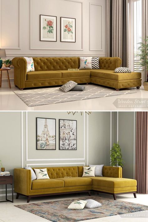 L Shape Sofa Design makes the most use of your corners in the living room. These are durable, sturdy, comfortable and stylish which give a stunning look to the interiors of the rooms. Sofa Hall Living Rooms, L Shaped Corner Sofa, Leaving Room Sofa Design, L Shape Sofa For Living Room, Sofa Design Hall Room, Living Room L Sofa Design, Living Hall Sofa Design, New L Shape Sofa Design, Sofa In Hall