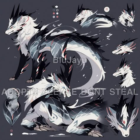 Wolf Creature Design, Fantasy Creature Design Animals, Fluffy Dragon Art, Fox Hybrid Oc, Dragon Oc Ideas, Mystical Creature Drawing, Dragon Wolf Hybrid, Fantasy Pets Mythical Creatures, Wolf Dragon Hybrid