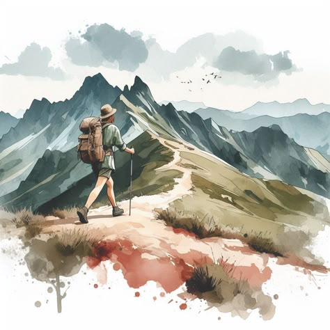 Mountain Hiking Drawing, Mountain Climbing Aesthetic, Hiking Sketch, Mountaineering Aesthetic, Hiker Drawing, Hiking Painting, Backpacking Pictures, Hiking Art, Friends Challenge