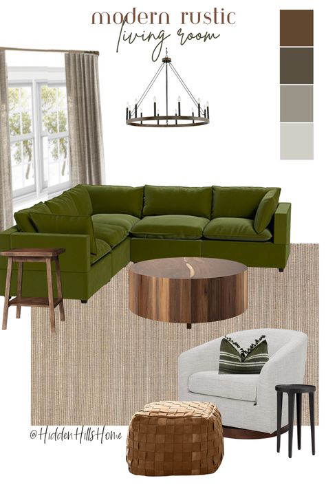 Modern rustic living room decor mood board with a green sectional sofa Berry Living Room, Room Decor Mood Board, Green Sectional Sofa, Green Furniture Living Room, Sectional Living Room Decor, Green Sectional, Green Couch Living Room, Green Sofa Living Room, Havenly Living Room