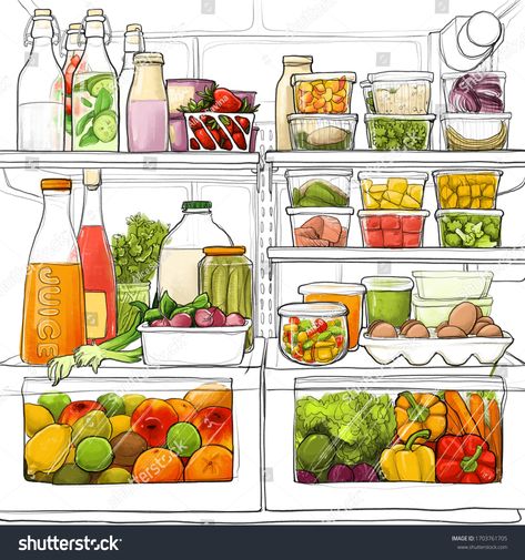 Open fridge with food, salad, fruits, juice. Vegetarian food set. Watercolor painting #Ad , #SPONSORED, #salad#fruits#food#Open Open Fridge Illustration, Open Refrigerator Drawing, Inside Fridge Drawing, Open Fridge Drawing, Fridge Drawing, Fridge Illustration, Open Fridge, Fruits Juice, Daily Routine Activities