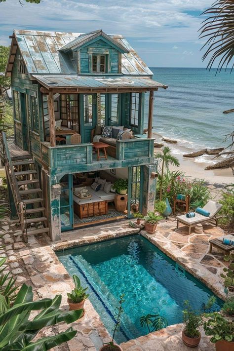 Coastal Witch House, Mermaid Mansion, Unique Tiny Houses, Tiny Beach House, Caribbean Homes, Beachfront House, Dream Life House, Backyard Water Feature, Beautiful Pools