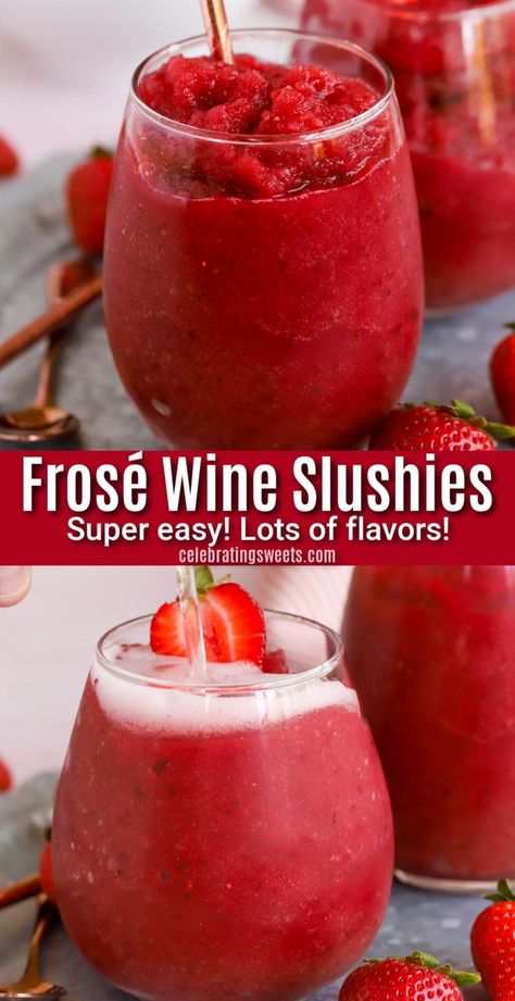 Frozen Fruit Cocktails, Wine Slushie Recipe, Frozen Fruit Drinks, Wine Slush, Frozen Drinks Alcohol, Wine Slushies, Celebrating Sweets, Frozen Cocktail Recipes, Frozen Rose