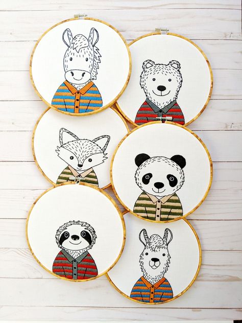 Finished Original Embroidery Art Animals in Stripes. Whimsical Wall Hanging for Nursery or Childs Room Hand Stitched Art Work Fox Bear Sloth Whimsical Embroidery, Whimsical Nursery, Animal Embroidery Designs, Twins Room, Room Display, Animal Embroidery, Simple Embroidery, Hand Embroidery Pattern, Anime Child