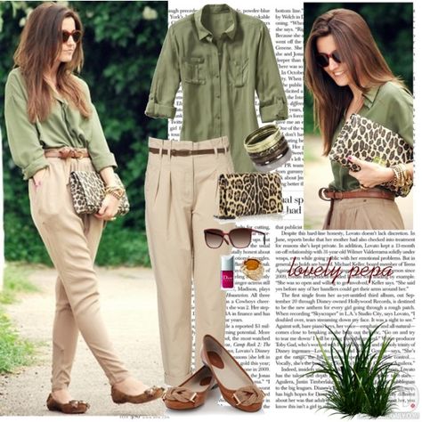 safari Khaki Green Outfit, Olive Green Shirt Outfit, Chinos Women Outfit, Safari Outfit Women, Green Shirt Outfits, Beige Pants Outfit, Green Outfits For Women, Pant Outfits For Women, Khaki Pants Outfit