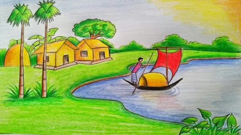 Nature Drawing For Kids, Landscaping Drawing, Easy Nature Drawings, Beautiful Scenery Drawing, Pencil Drawings Of Nature, Scenery Drawing For Kids, Easy Scenery, Easy Scenery Drawing, Village Drawing