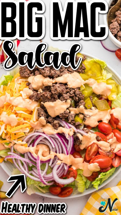 Transform your dinner ideas with this Big Mac Salad! This refreshing summer salad is a copycat recipe that brings the classic flavors of a Big Mac into a healthier, delicious dish. A fun and tasty recipe food for any occasion! Big Mac Chopped Salad, Optavia Big Mac Salad, Big Mac Salad Recipe, Keto Big Mac Salad, Protein Prep, Healthy Reminders, Mcdonald's Big Mac, Mac Salad Recipe, Seasoned Ground Beef