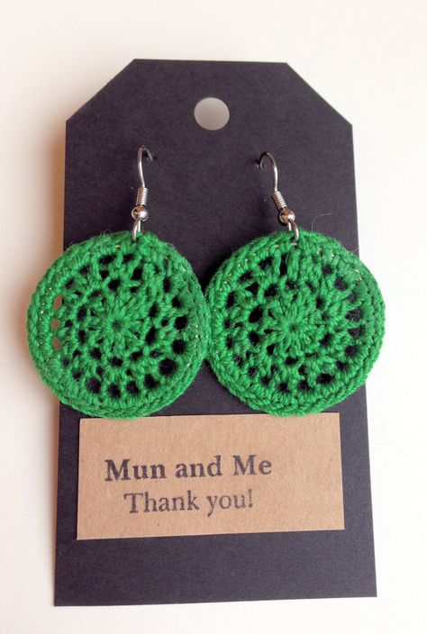 handmade crochet earrings / circular crochet earrings by MunandMe Crochet Flower Earrings, Yarn Jewelry, Crochet Hoop, Crochet Turban, Bohemian Jewels, Copper Jewelry Handmade, Creative Friends, St. Patricks Day, Earring Organizer