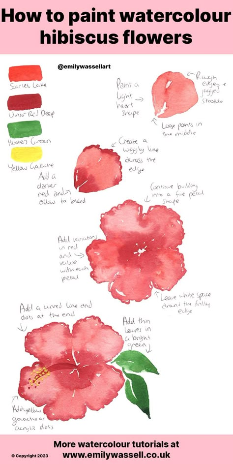 Tutorial: How to paint hibiscus flowers in watercolour - Emily Wassell Watercolour Hibiscus Flower, Hibiscus Flower Painting Tutorial, How To Paint Hibiscus, Painted Hibiscus Flower, Hibiscus Watercolor Painting, How To Paint A Hibiscus Flower, Hibiscus Flower Painting Easy, Watercolour Flowers Tutorial, Watercolour Hibiscus