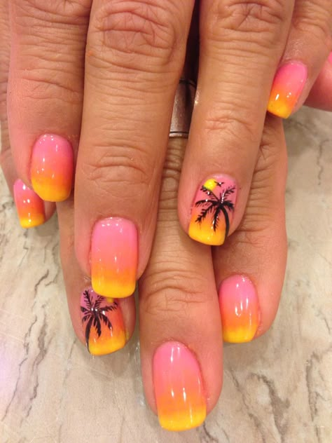 sunset gel nails Sunset Yellow Nails, Uv Gel Nails Designs Summer, Vacation Gel Manicure, Beach Ombre Nails Vacation, Beach Sunset Nail Designs, Nail Designs Sunset, Neon Sunset Nails, Sunset Nails Short, Vacation Dip Nails Tropical